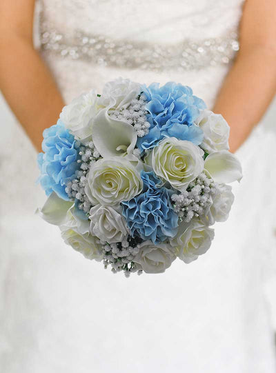 Pale Blue Silk Hydrangea, Gyp, Ivory Rose & Calla Lily Bridal Wedding Bouquet