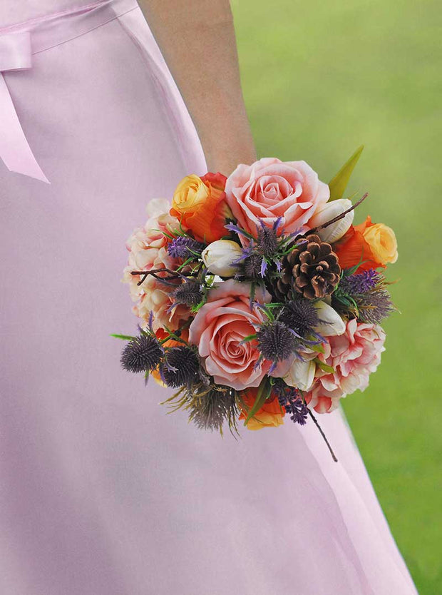 Peach, Orange Rose, Thistle, Tulip, Pinecone & Dusky Pink Hydrangea Bridal Bouquet
