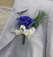 Peacock Feather & Royal Blue Rose Wedding Guest Buttonhole