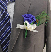 Peacock Feather & Royal Blue Rose Wedding Guest Buttonhole