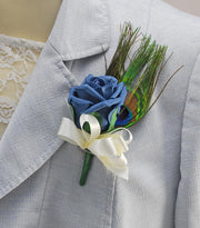 Teal Foam Rose & Peacock Feather Wedding Guest Buttonhole