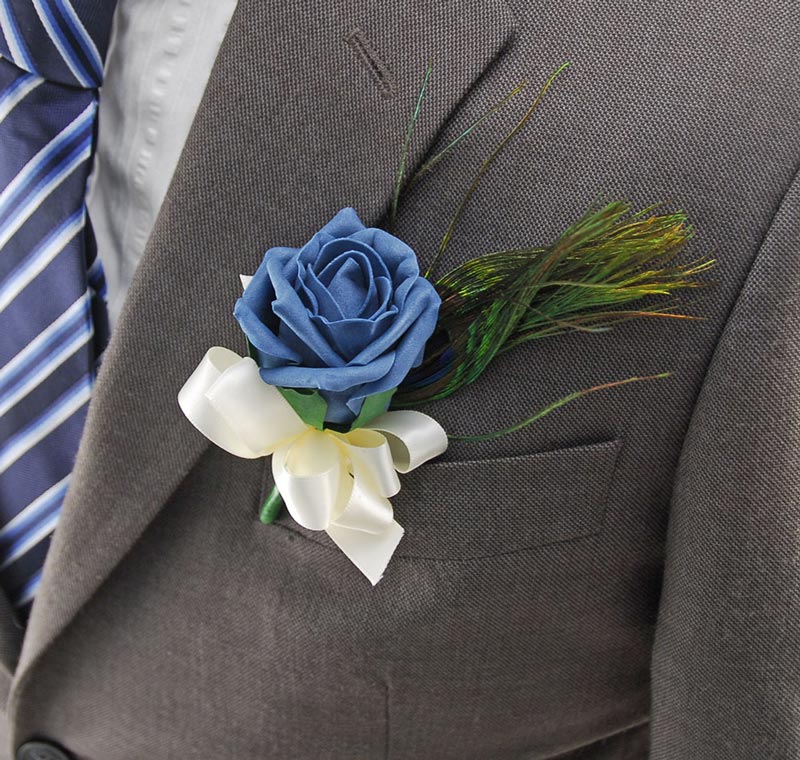 Teal Foam Rose & Peacock Feather Wedding Guest Buttonhole – Sarah's Flowers