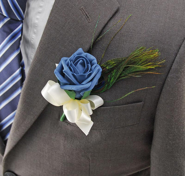 Teal Foam Rose & Peacock Feather Wedding Guest Buttonhole