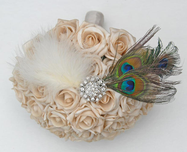 Peacock Feather & Mocha Rose Silver Diamante Brooch Wedding Bouquet