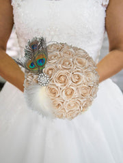 Peacock Feather & Mocha Rose Silver Diamante Brooch Wedding Bouquet
