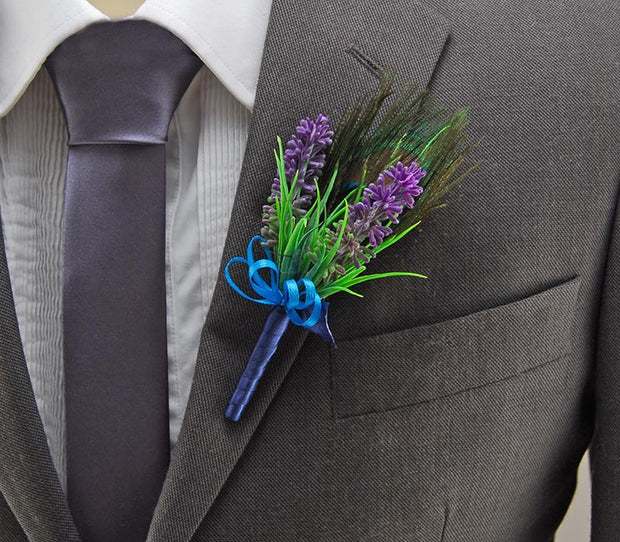 Peacock Feather & Silk Lavender Wedding Guest Buttonhole