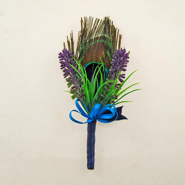 Peacock Feather & Silk Lavender Wedding Guest Buttonhole