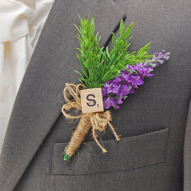 Personalised Initial Wedding Buttonhole with Silk Lavender & Rosemary