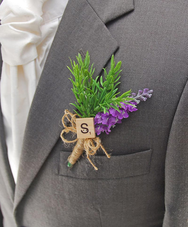 Personalised Initial Wedding Buttonhole with Silk Lavender & Rosemary