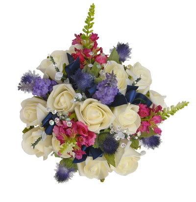 Bridesmaids Ivory Rose, Blue Thistle, Lavender & Pink Physostegia Posy