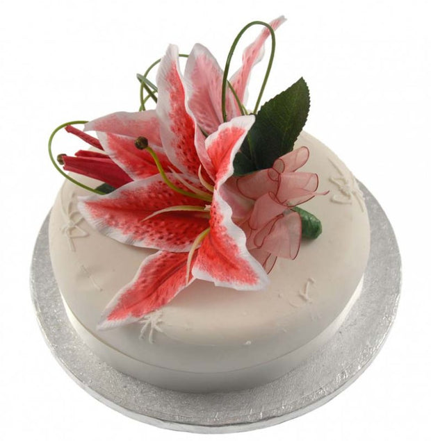 Cerise Pink Silk Stargazer, Grass Loop Wedding Cake Spray