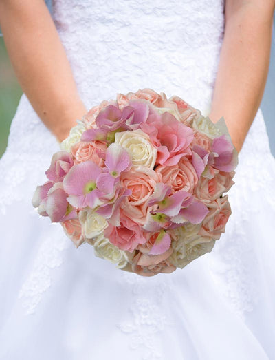 Brides Pink Silk Hydrangea, Lisianthus & Ivory Rose Bridal Bouquet