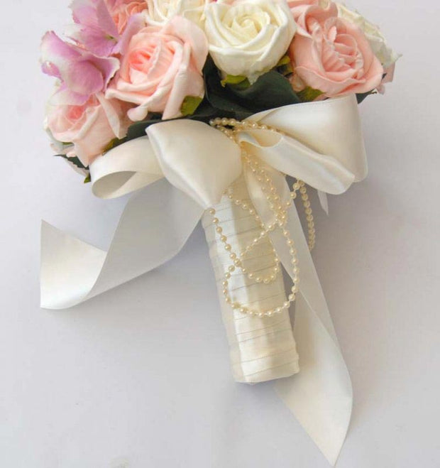 Brides Pink Silk Hydrangea, Lisianthus & Ivory Rose Bridal Bouquet