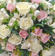 Pink, Ivory Rose, Crystal & Eucalyptus Top Table Wedding Arrangement