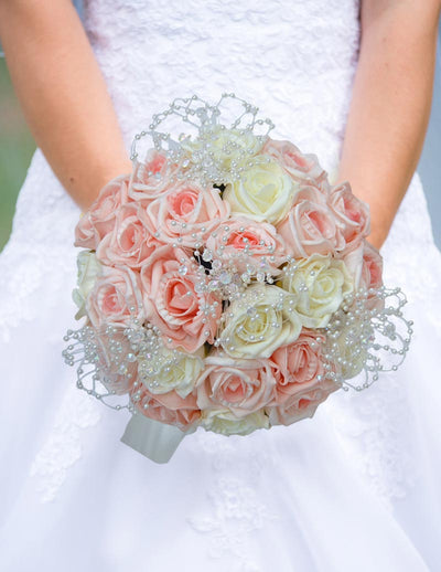 Brides Pink & Ivory Foam Rose Crystal Pearl Wedding Bouquet