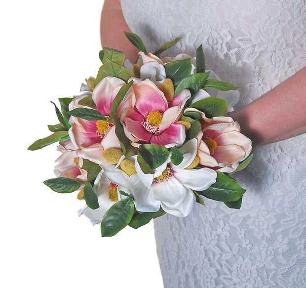 Brides Pink & Ivory Silk Magnolia Wedding Bouquet