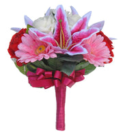 Brides Pink Silk Lily, Gerbera Red & Ivory Rose Wedding Bouquet
