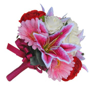 Brides Pink Silk Lily, Gerbera Red & Ivory Rose Wedding Bouquet
