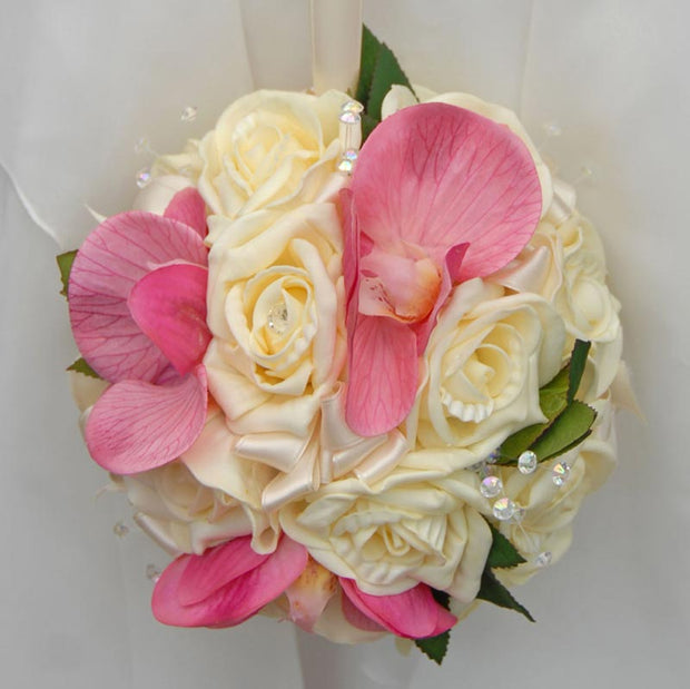 Pink Silk Orchid, Cream Rose & Crystal Flower Girls Pomander