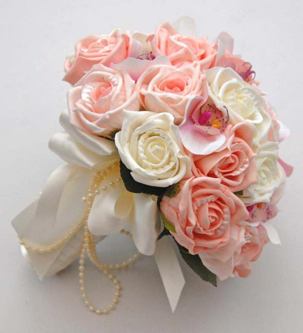 Brides Pink, Peach Rose & Silk Orchid, Pearl Bow Wedding Bouquet