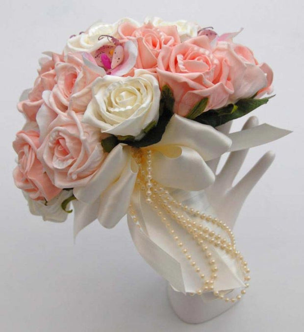 Brides Pink, Peach Rose & Silk Orchid, Pearl Bow Wedding Bouquet