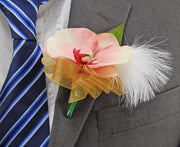 Pink Silk Orchid, Ivory Feather & Gold Bow Wedding Guest Buttonhole
