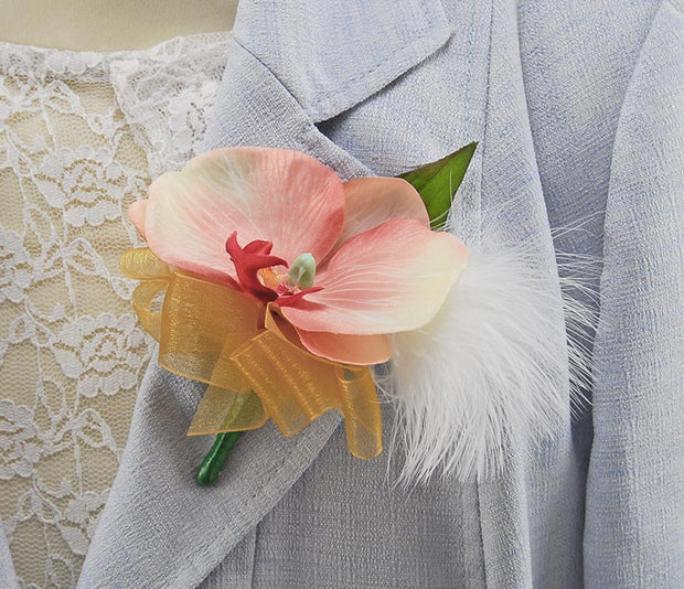 Pink Silk Orchid, Ivory Feather & Gold Bow Wedding Guest Buttonhole