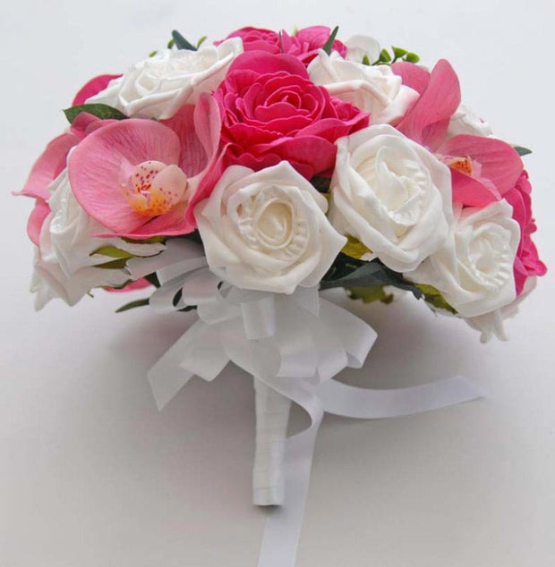 Pink Silk Orchids, Pink & White Rose Bridal Wedding Bouquet