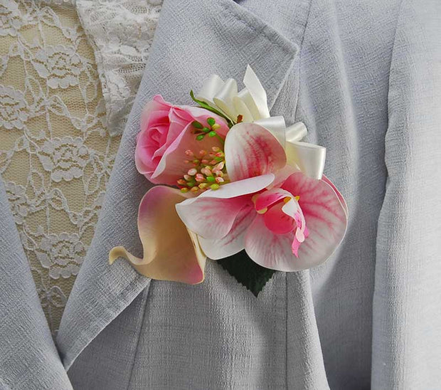 Pink Silk Orchid, Rose, Calla Lily & Berry Wedding Pin Corsage