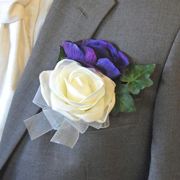 Grooms Purple Silk Anemone & Ivory Rose Wedding Buttonhole