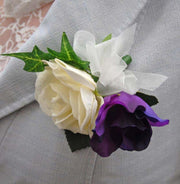Purple Silk Lisianthus & Ivory Rose Pin on Wedding Corsage