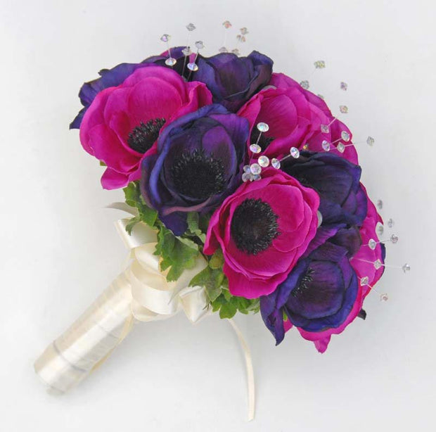 Bridesmaids Purple & Cerise Silk Anemone Crystal Wedding Bouquet