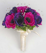 Bridesmaids Purple & Cerise Silk Anemone Crystal Wedding Bouquet