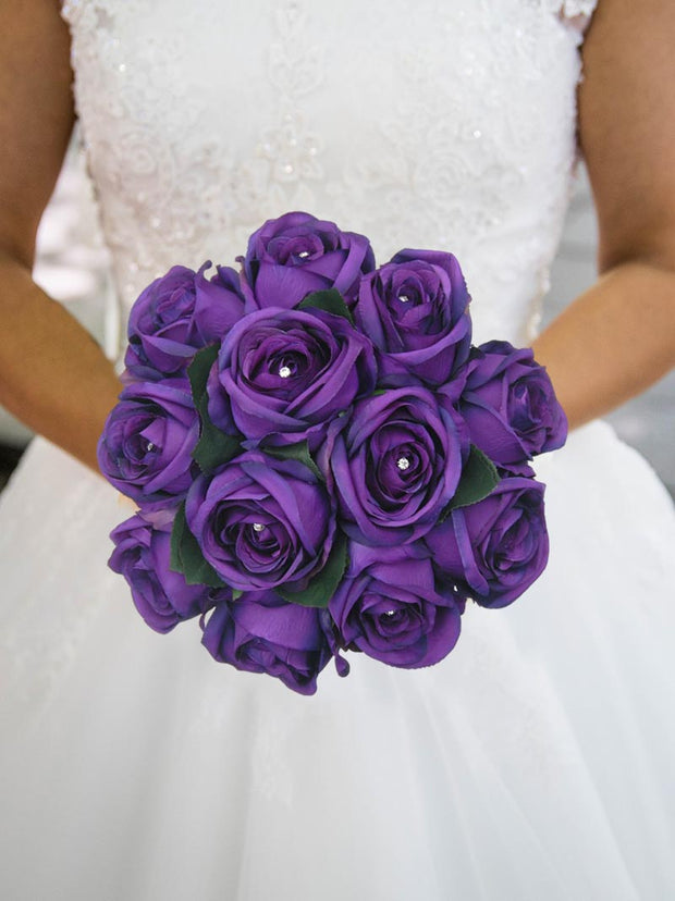 Brides Purple Silk Rose Glass Diamante Wedding Bouquet