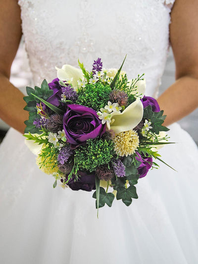 Purple Silk Rose, Ivory Calla Lily & Elderflower Bridal Wedding Bouquet