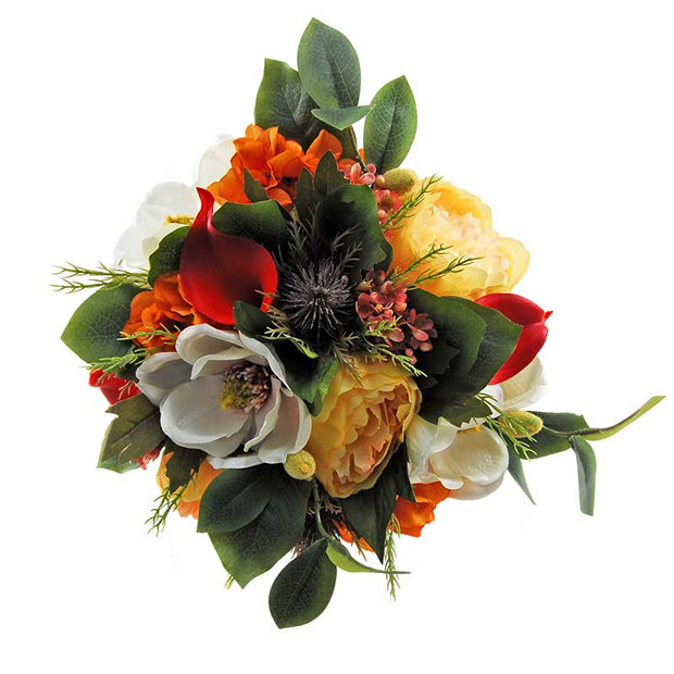 Raspberry Calla Lily, Teasel Thistle, Burnt Orange Silk Hydrangea & Apricot Peony Bridal Wedding Bouquet