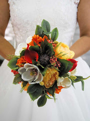 Raspberry Calla Lily, Teasel Thistle, Burnt Orange Silk Hydrangea & Apricot Peony Bridal Wedding Bouquet