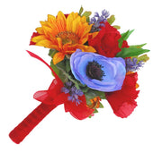 Red Silk Poppy, Golden Sunflower & Blue Anemone Wedding Posy