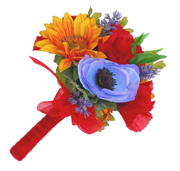 Red Silk Poppy, Golden Sunflower & Blue Anemone Wedding Posy