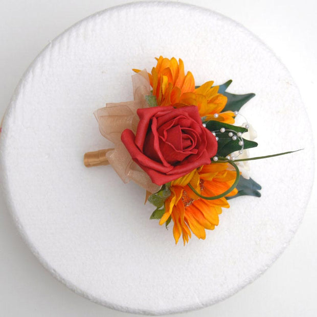 Red Rose, Golden Silk Sunflower & Pearl Loop Wedding Cake Spray