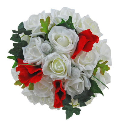 Red Silk Poppy & Ivory Foam Rose Bridesmaids Wedding Posy