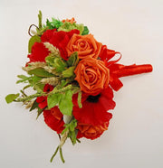 Brides Red Silk Poppy, Orange Rose Hops & Wheat Wedding Bouquet