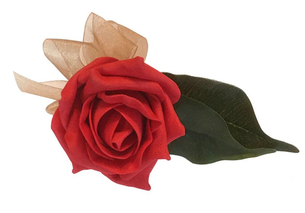 Red Foam Rose & Gold Ribbon Wedding Guest Buttonhole
