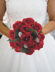 Brides Red Silk Diamante Rose & Brooch Wedding Bouquet