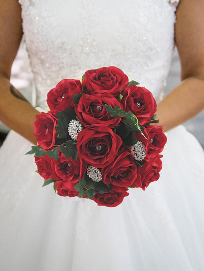 Brides Red Silk Diamante Rose & Brooch Wedding Bouquet