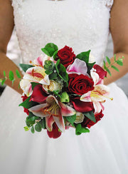 Brides Red Rose, Pink Tiger Lily & Silk Orchid Wedding Shower Bouquet