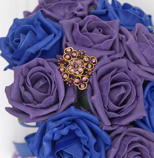Bridesmaids Royal Blue & Purple Rose Brooch Wedding Posy