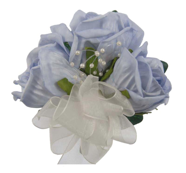Mothers Light Blue Rose & Pearl Wedding Day Pin Corsage