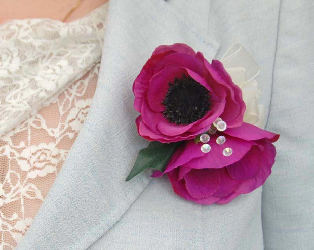 Cerise Pink Silk Anemone Crystal Wedding Pin Corsage