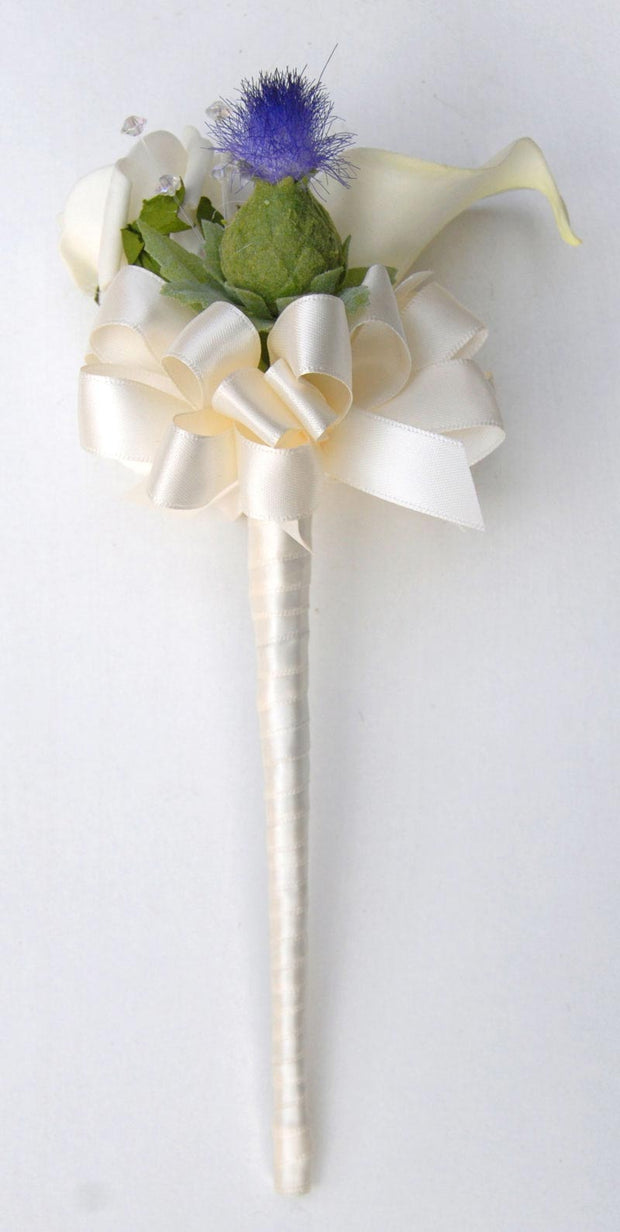 Ivory Calla Lily, Rose & Blue Thistle Flower Girl Wedding Wand